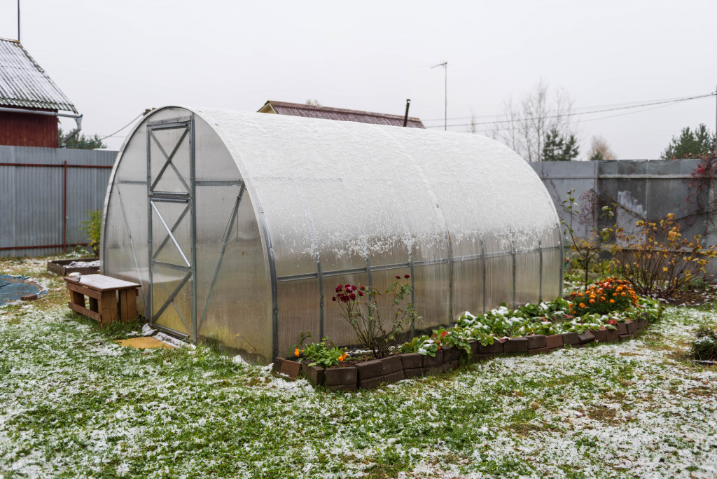 Greenhouse covered with the first snow 