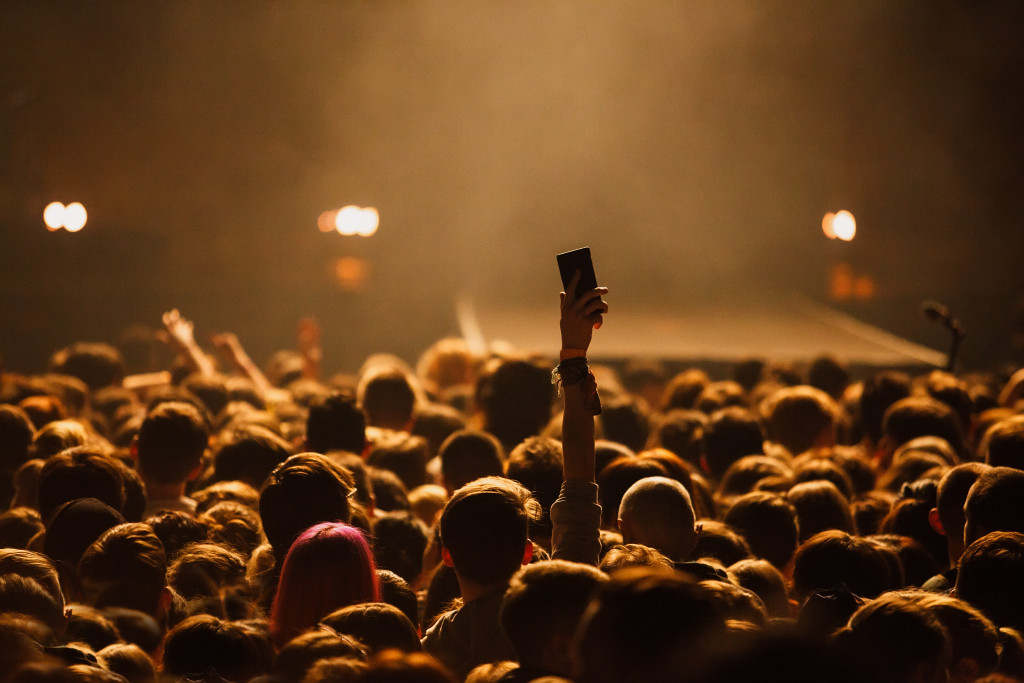 A full audience in front of a stage at a music show