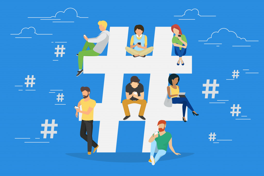 Hashtag concept illustration of young people using mobile tablet and smartphone for sending posts and sharing them in social media