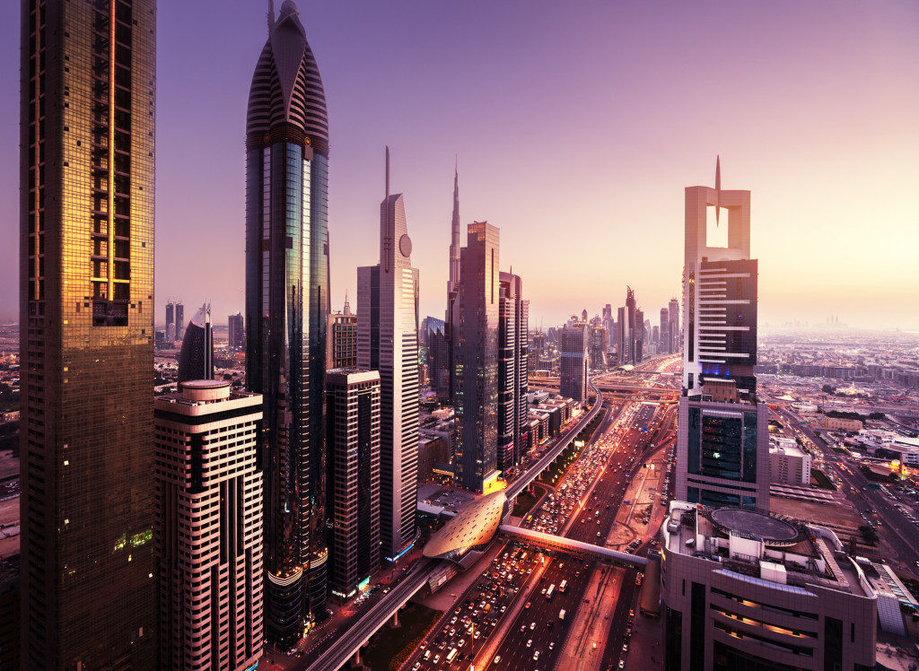 view of UAE Dubai skyline with futuristic buildings